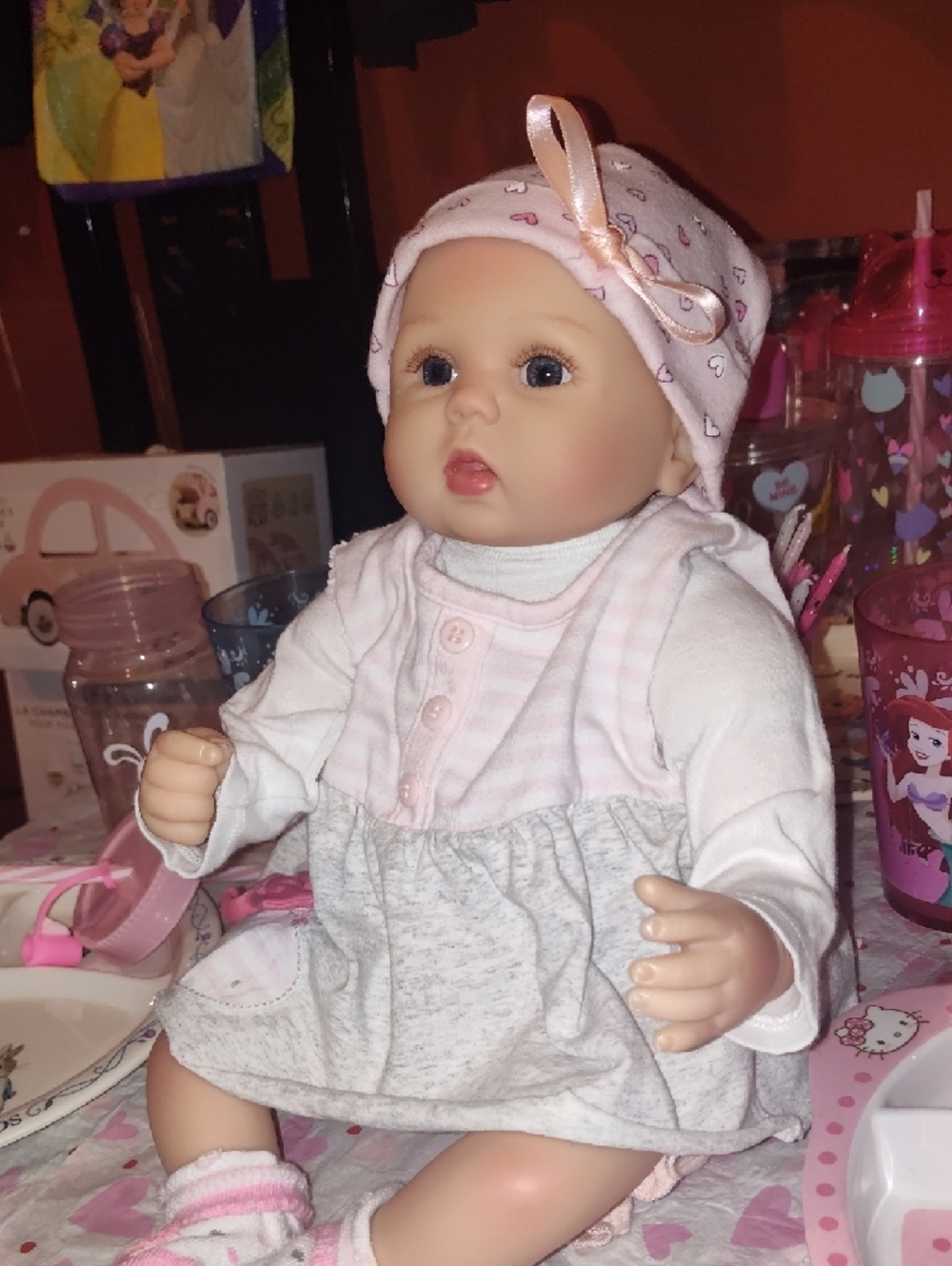 Reborn Pink and Cream Baby Doll with Heart-Print Hat - Picture 5 of 16